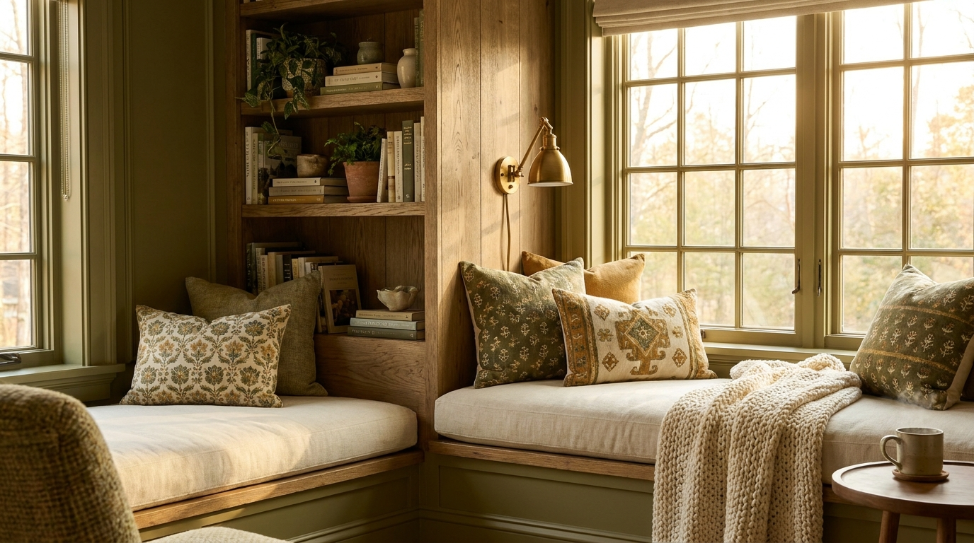 Designed reading nook with built-in shelving