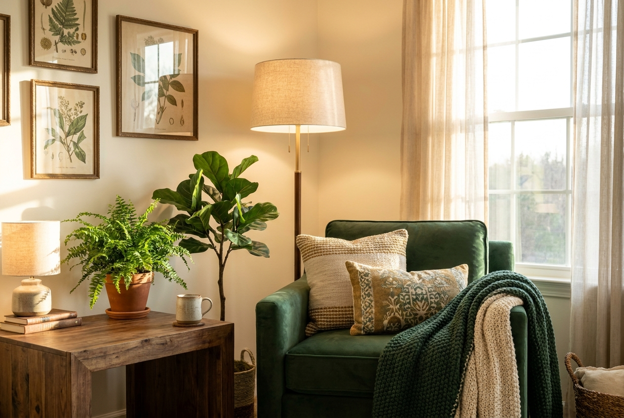 Beautifully styled cozy living room corner by DecoNooks